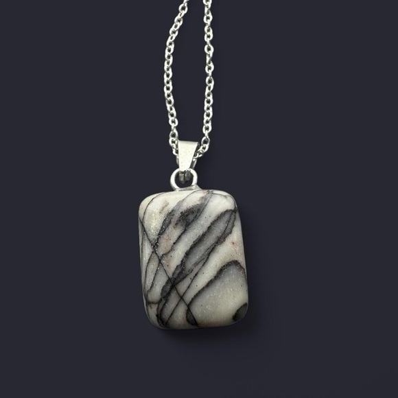 Black Picasso Jasper Stone Pendant Sterling Silver Necklace - Picture 1 of 5